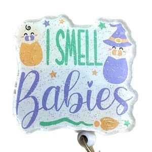 Badge Reel I Smell Babies Nurse L/D Postpartum Halloween Glitter Name Tag Holder